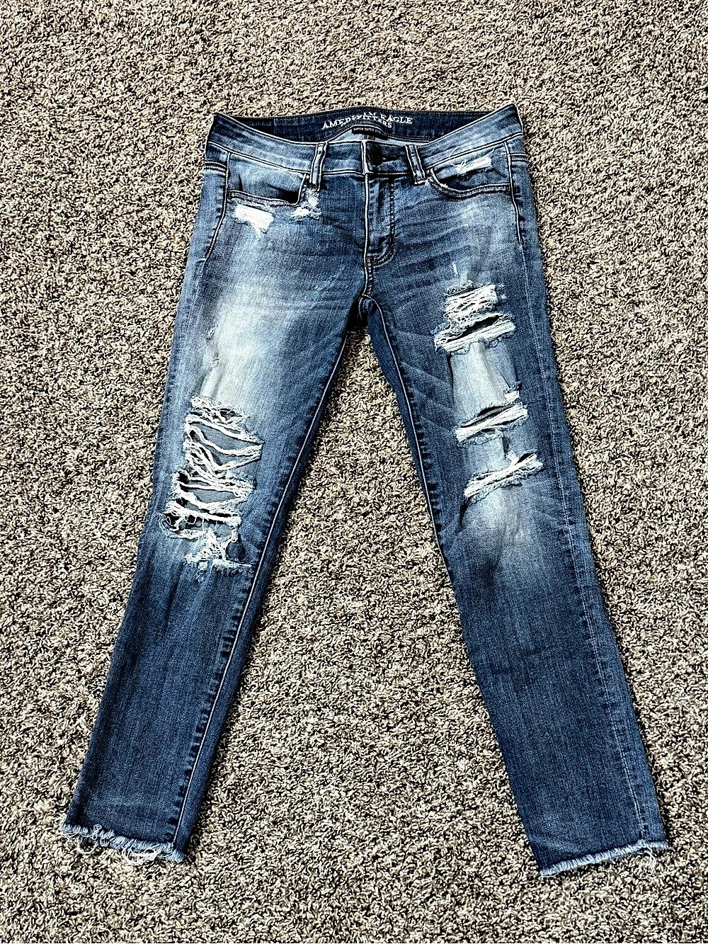 American Eagle Jegging Crop Distressed Cropped Jeans Waist 4 Blue